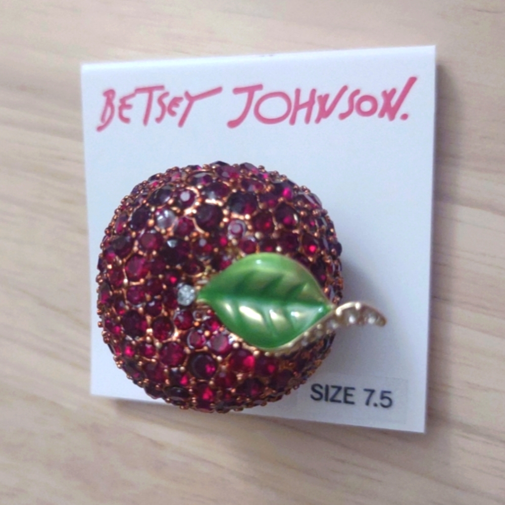 Betsey Johnson Apple Crystal Gold Charm Statement Ring